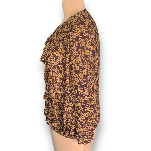 Vintage 90s Blouse Purple Ruffle Front Pirate Dark Floral Bell Long Sleeve Sheer - Picture 2 of 9